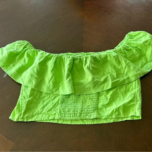 A New Day | Linen Blend Lime Green Off-Shoulder Crop Top - Picture 7 of 10